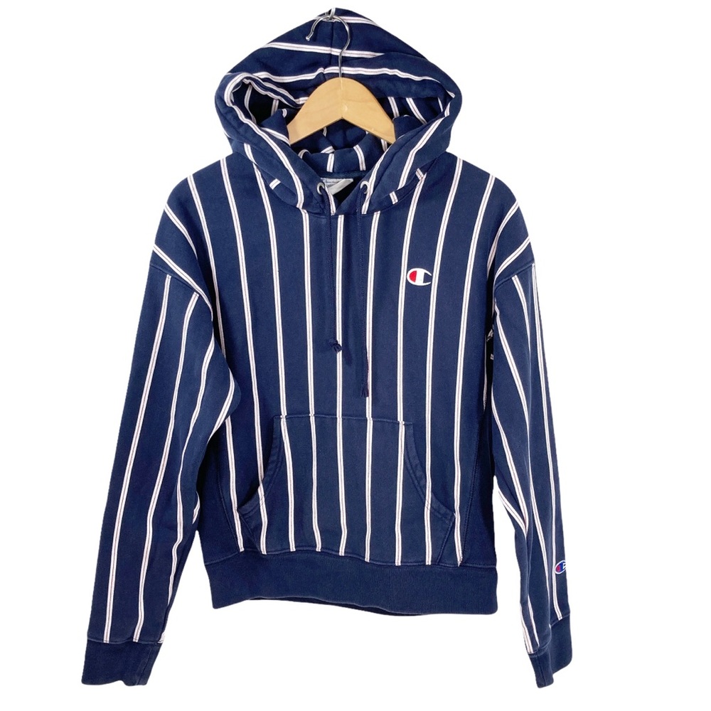 Champion Reverse Weave Hoodie Unisex Navy Pinstripe Hooded Sweatshirt Medium